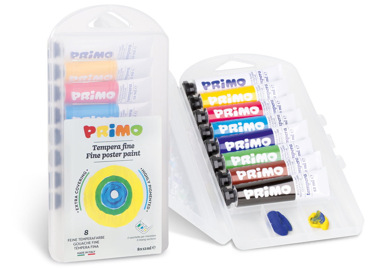 Primo Poster Paint Set – 8 × 12 ml Aluminium Tubes | Bright Washable Colours in Compact Polypropylene Box