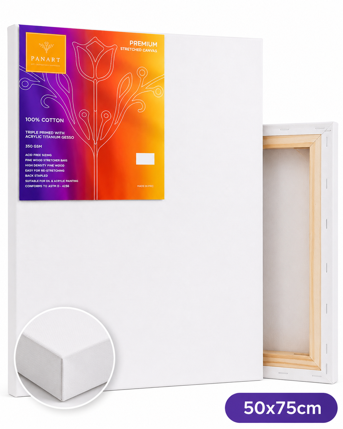 Panart Premium Stretched Cotton Canvas – 50x75cm, 350gsm, 38x25mm Frame