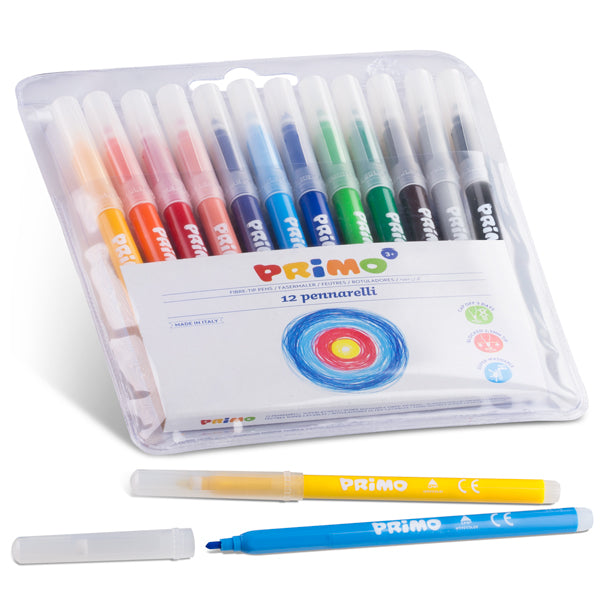 Primo Super Washable Fibre-Tip Pens – Pack of 12 | Fine Tip 2.5 mm Bright Colours in Plastic Wallet