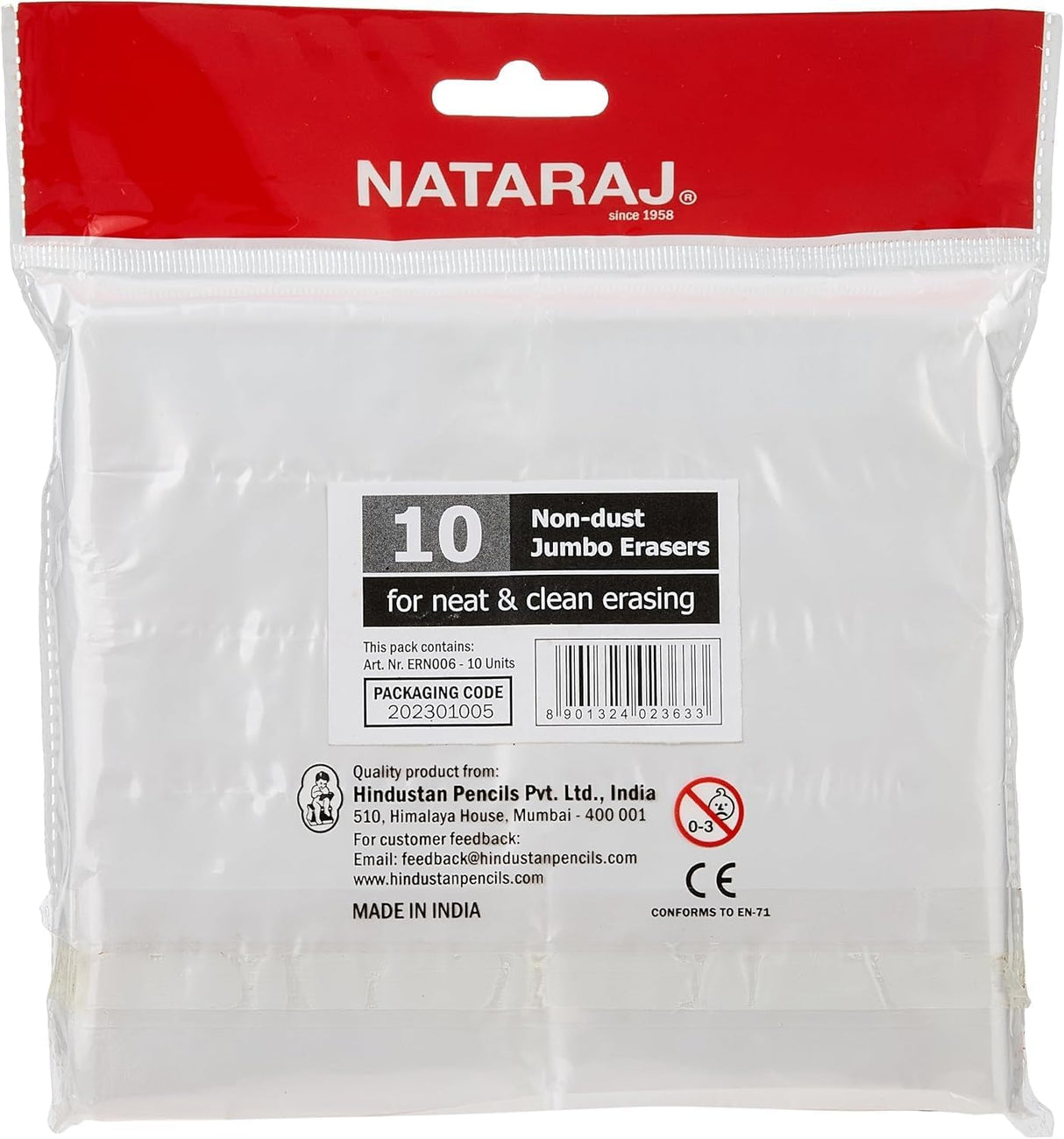 Nataraj Non-Dust Jumbo Erasers – 10-Pcs Pack