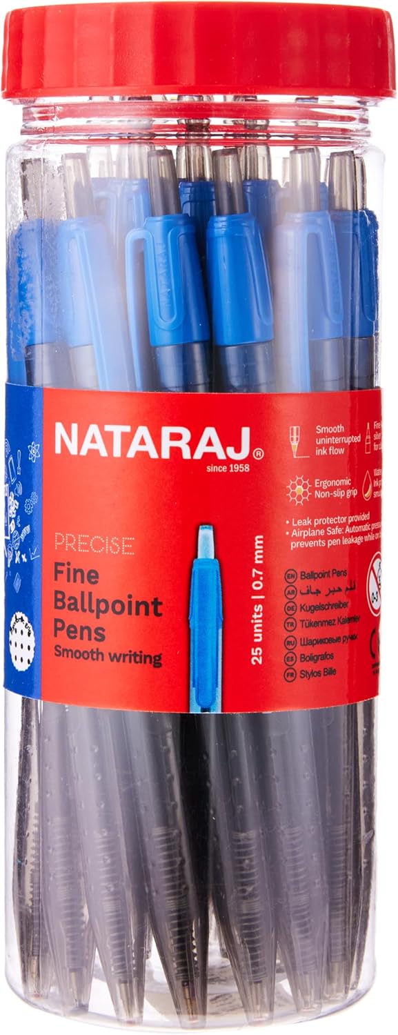Nataraj Precise Fine Ball Point Pens – 25-Pieces Pack, Blue Ink