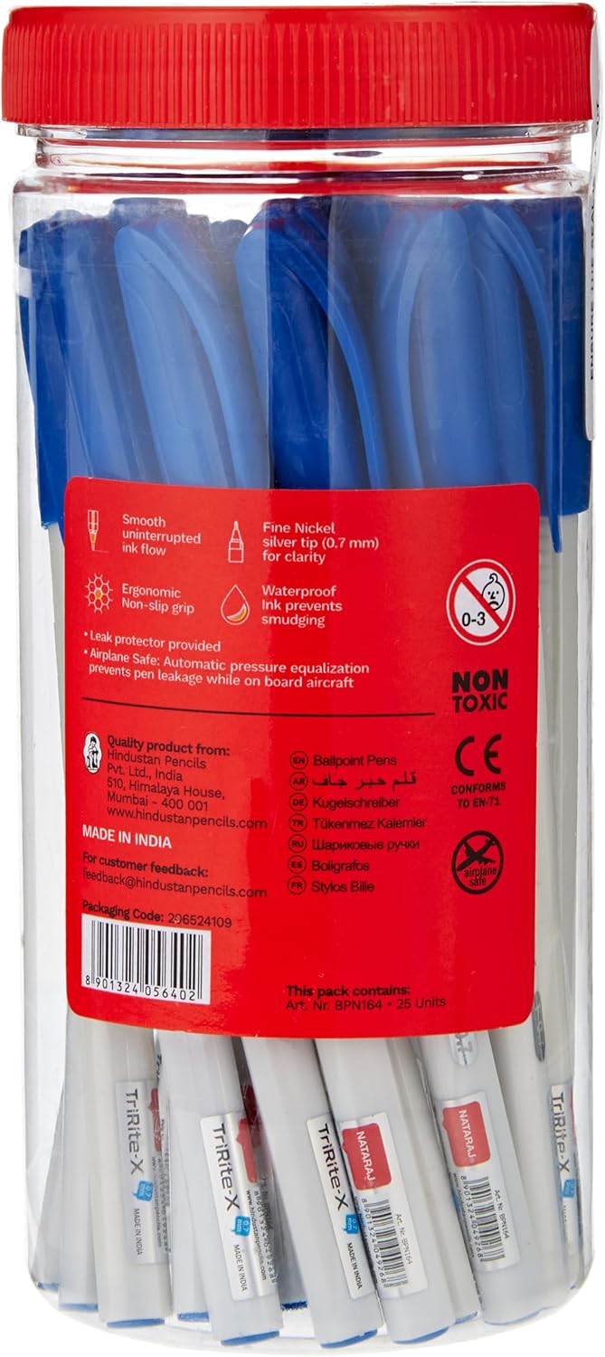 Nataraj Tririte Fine Ball Point Pens – 25 Pieces , 0.7mm Blue Ink