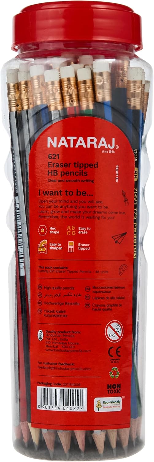 Nataraj 621 HB Hex Pencil Set – 48 Assorted Pieces with Tipped Eraser