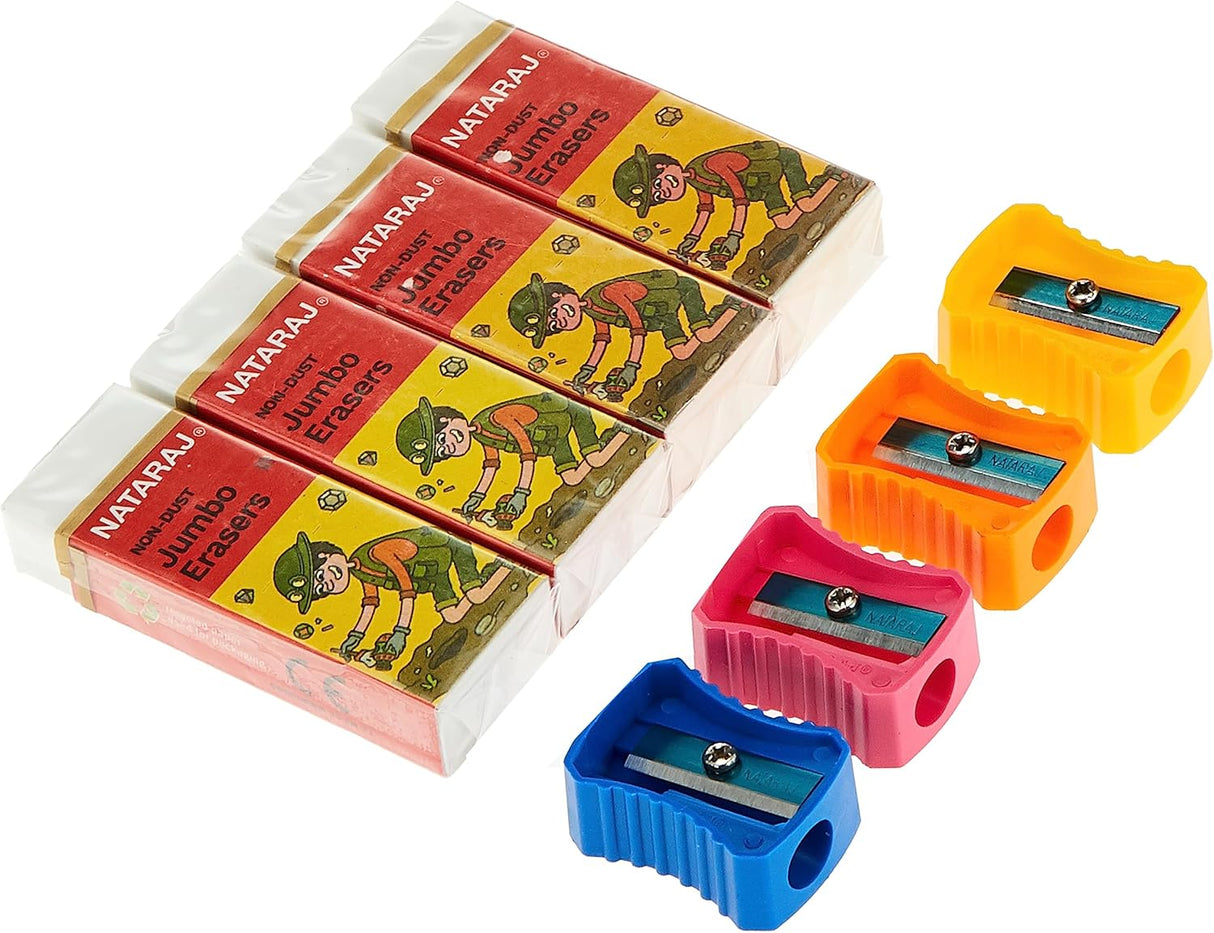 Nataraj Non-Dust Jumbo Erasers & 621 Sharpeners – 4 + 4 Combo Pack