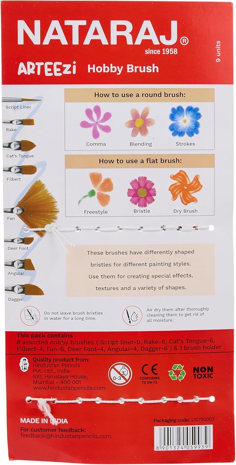 Nataraj Arteezi Hobby Brush Set – Assorted Shapes, 8 Pieces