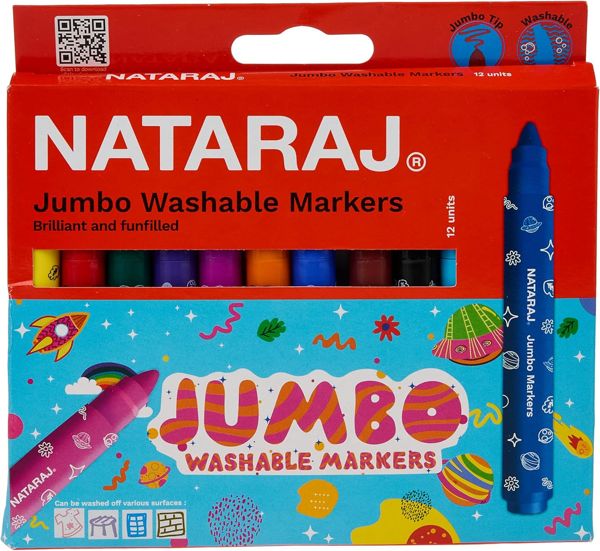 Nataraj Jumbo Washable Bold Round Markers – 12 Vibrant Colors