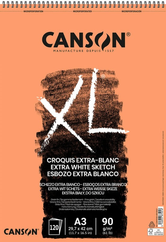 Canson XL Extra White Spiral Pad - A3, 90gsm, 120 Sheets, Premium Artist Sketchbook