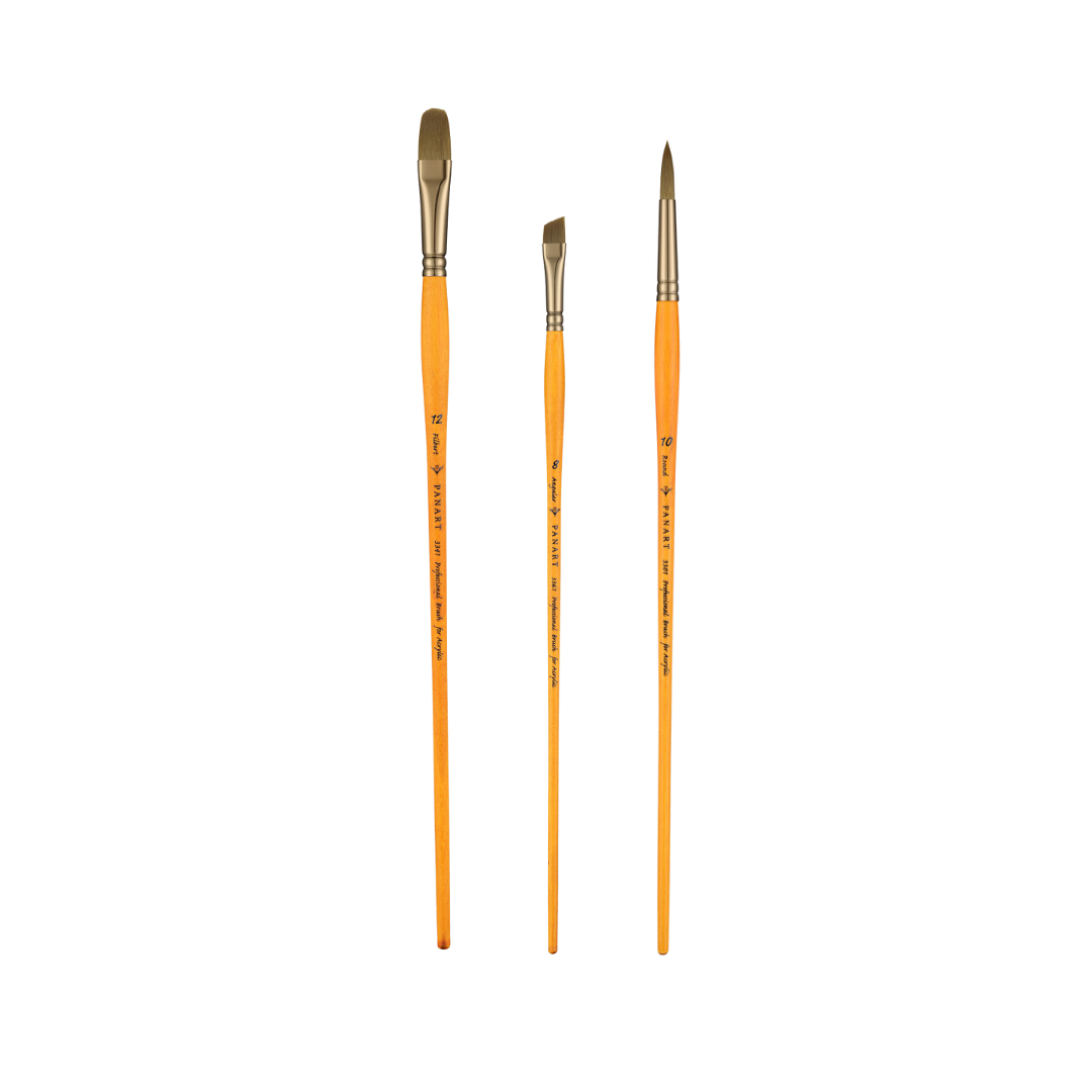 Panart Gold Green Synthetic Long Handle Brush Set of 3 Pcs-GG-03(FB-12 AG-8 R-10 )