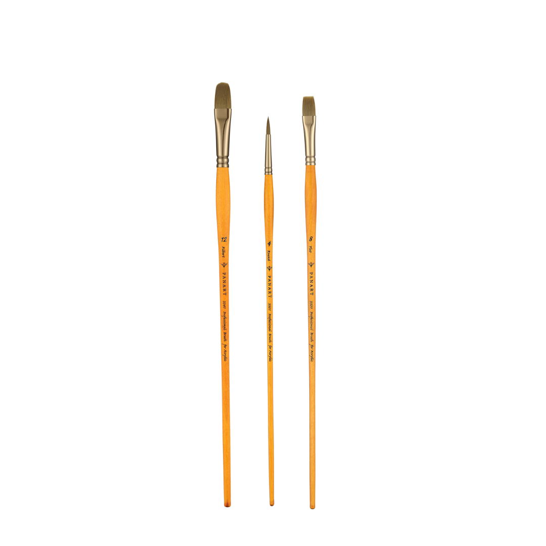 Panart Gold Green Synthetic Long Handle Brush Set of 3 Pcs-GG-07(FB-12, R-4, F-8)