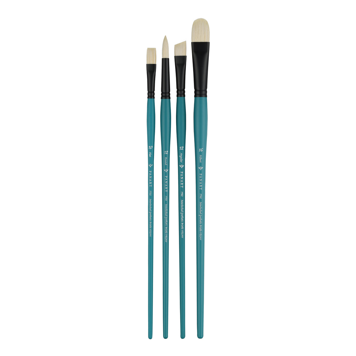 Panart Vegan Synthetic Bristle Long Handle Brush Set - 4 Pcs, (R-12 F-10 FB-16 AG-12)