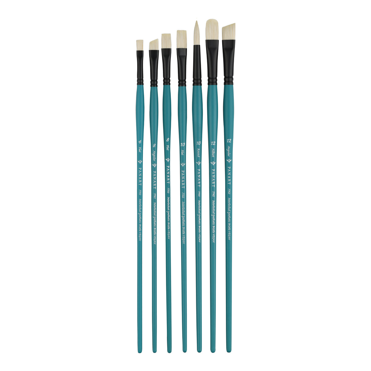 Panart Vegan Synthetic Bristle Long Handle Brush Set - 7 Pcs, (R-10 F-4,8,10 FB-12 AG-8,12)