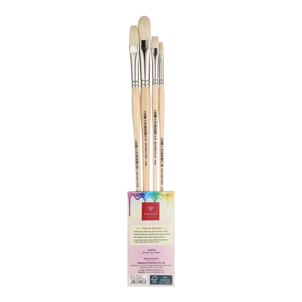 Panart White Bristle Long Handle Brush Set - 4 Pcs, ATL-08 (F-2.6, SF-4,FB-8)