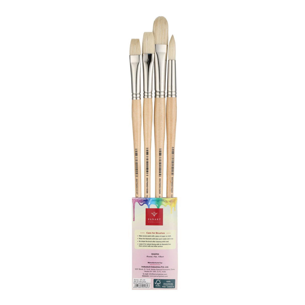 Panart White Bristle Long Handle Brush Set - 4 Pcs, ATL-09 (R-8 F-8 SF-8 FB-10)