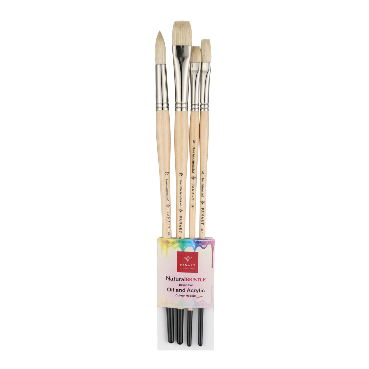 Panart White Bristle Long Handle Brush Set of 4 Pcs, ATL-10 (R-10 SF-6,10 FB-6)