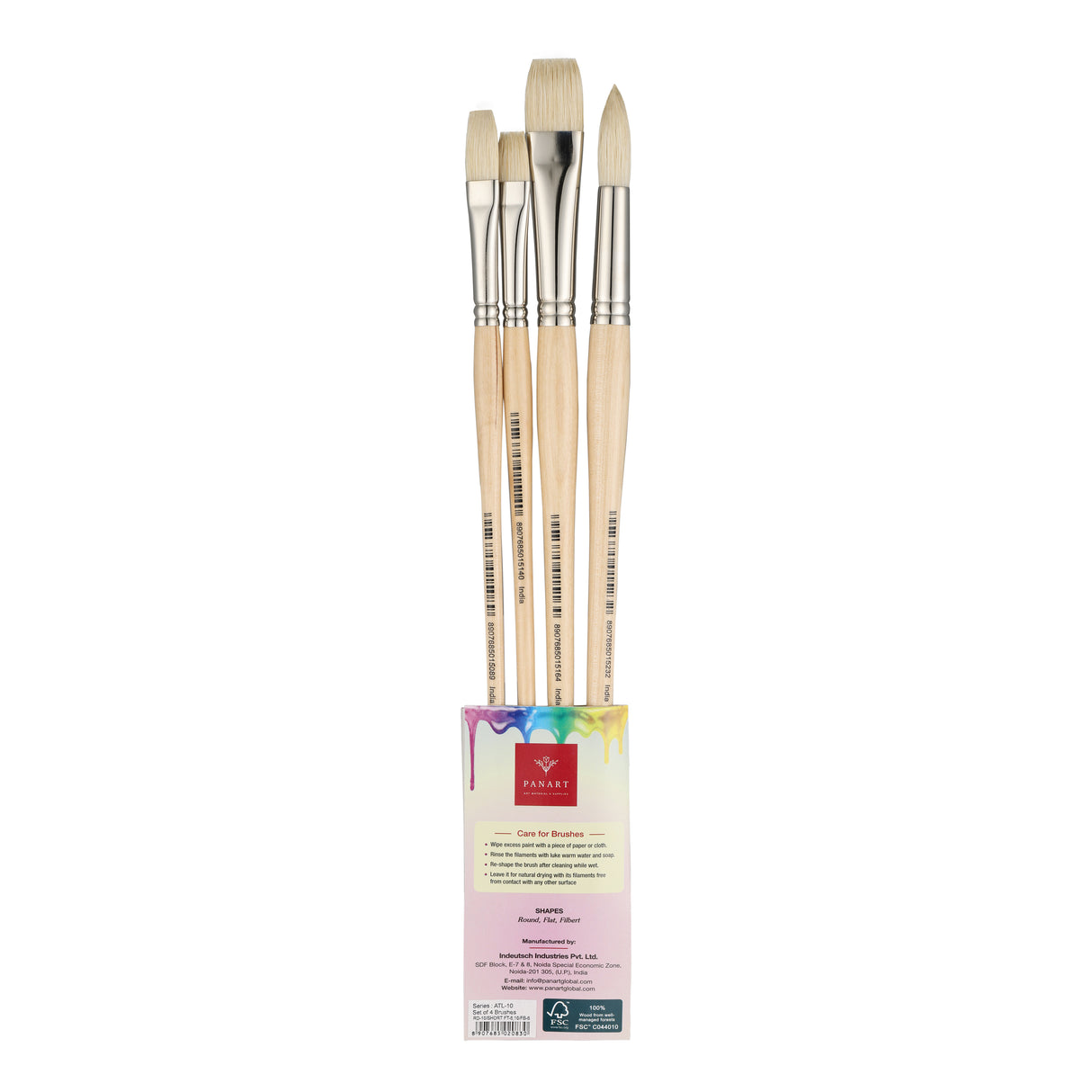Panart White Bristle Long Handle Brush Set of 4 Pcs, ATL-10 (R-10 SF-6,10 FB-6)