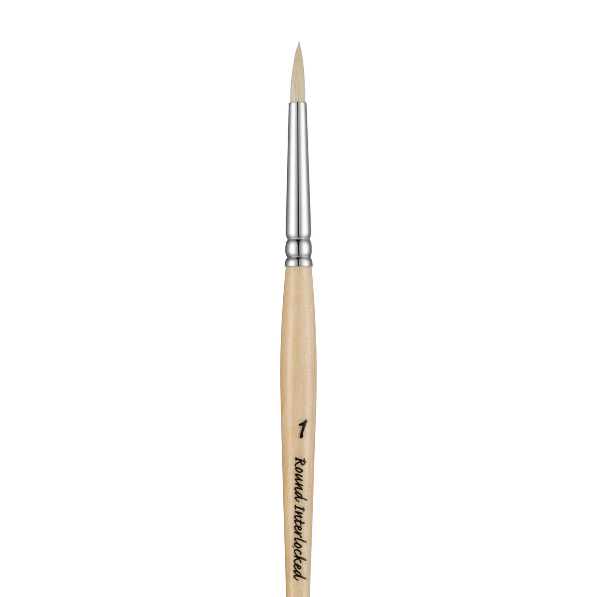 Panart white bristle round paintbrush with long wooden handle and black ferrule on white background
