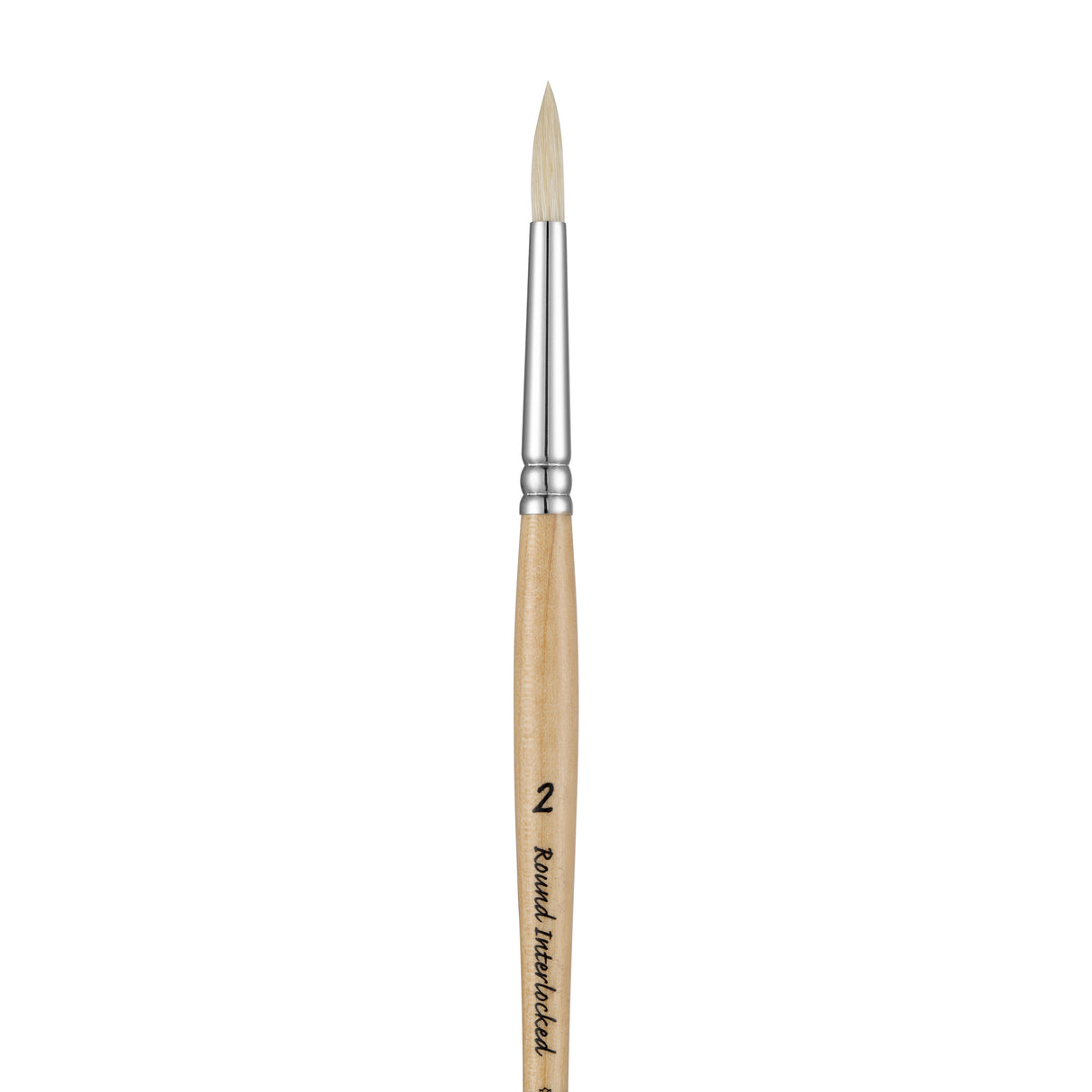 Panart white bristle round paintbrush with long wooden handle and black ferrule on white background