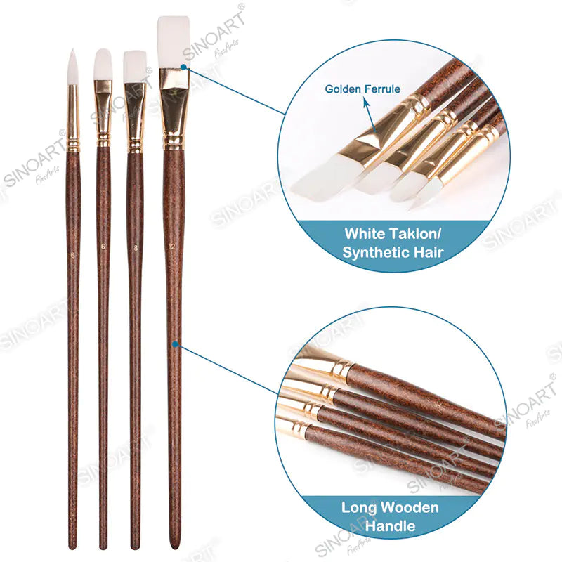 Sinoart Long Handle Synthetic Hair Brush Set – 4 Pcs, White Taklon (#6 Round, #6 Filbert, #8 & #12 Flat)