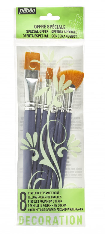 Pebeo 8-Piece Short Handle Brush Set – Yellow Polyamide with Fan & Liner Brushes