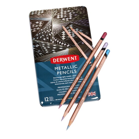 Derwent Metallic Pencils Tin Set – 12 Shimmering Colours