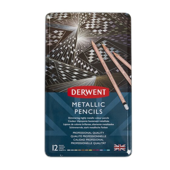 Derwent Metallic Pencils Tin Set – 12 Shimmering Colours