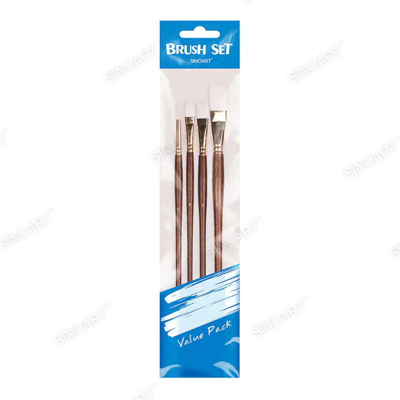 Sinoart Long Handle Synthetic Hair Brush Set – 4 Pcs, White Taklon (#6 Round, #6 Filbert, #8 & #12 Flat)