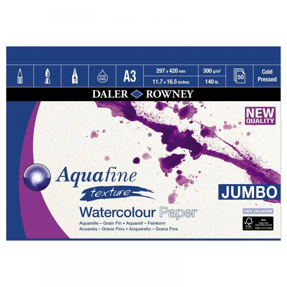Daler Rowney Aquafine Texture Watercolor Pad – A3 Jumbo, 50 Sheets