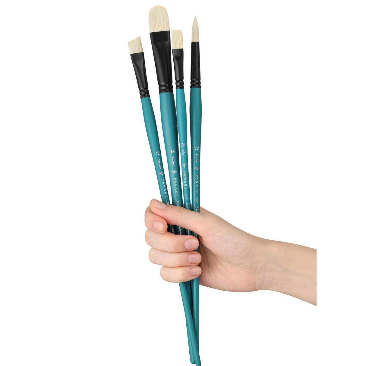 Panart Vegan Synthetic Bristle Long Handle Brush Set - 4 Pcs, (R-12 F-10 FB-16 AG-12)