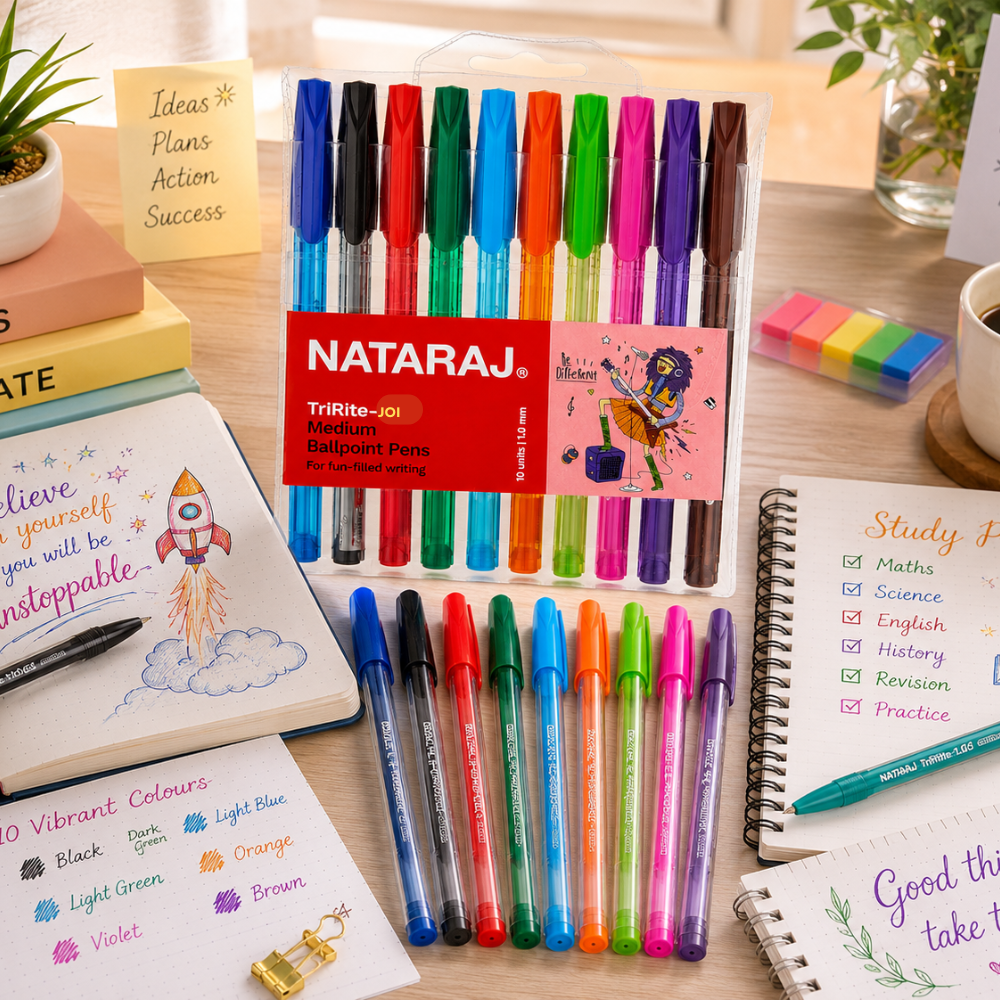 Nataraj Tririte Joi Medium Ball Point Pens – 10 Colors, 1mm Tip