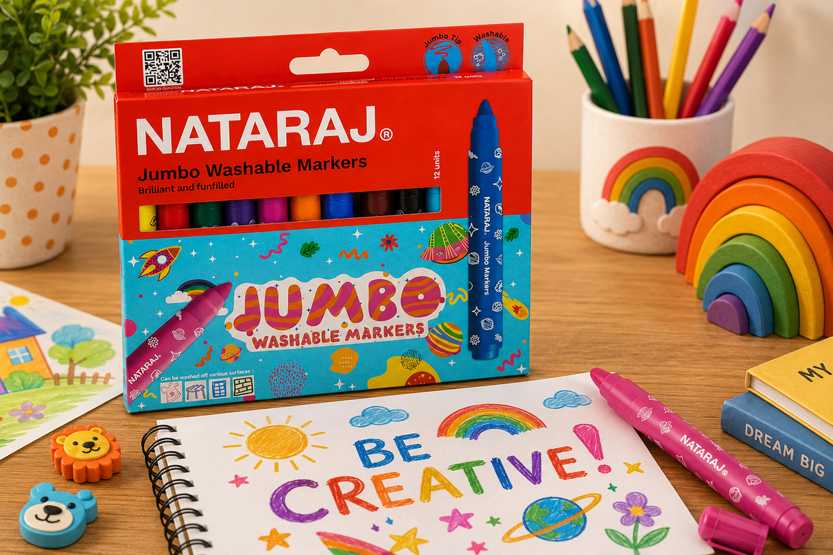 Nataraj Jumbo Washable Bold Round Markers – 12 Vibrant Colors