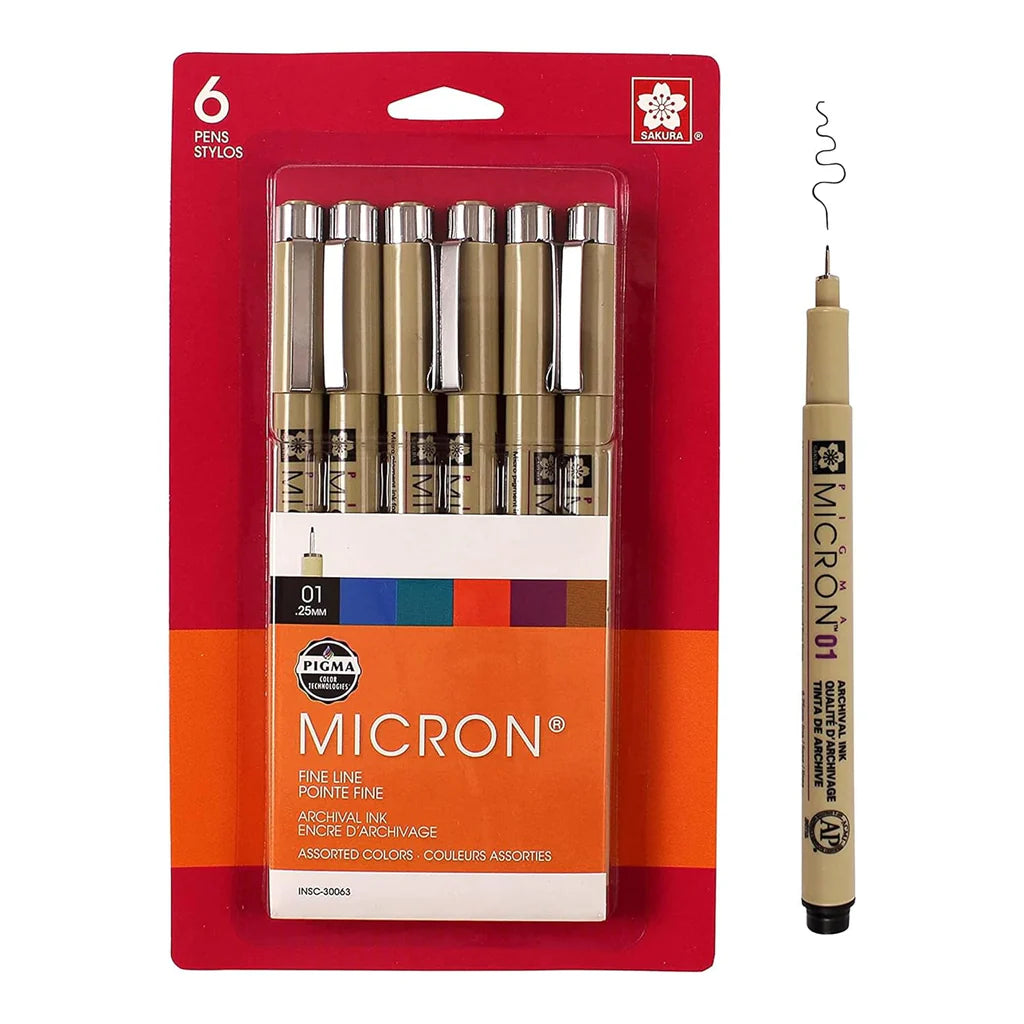 Sakura Pigma Micron Pen Set – 6 Assorted Colours (01 Tip, 0.25mm)