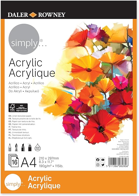 Daler Rowney Simply A4 Acrylic Pad - 16 Sheets, 190 Gsm