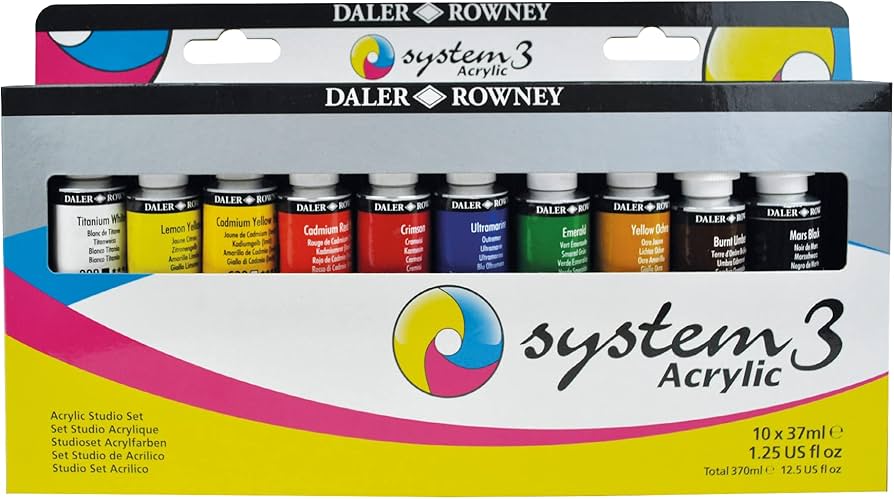 Daler Rowney System3 Acrylic Studio Set – 10x37ml Tubes with Free Brush