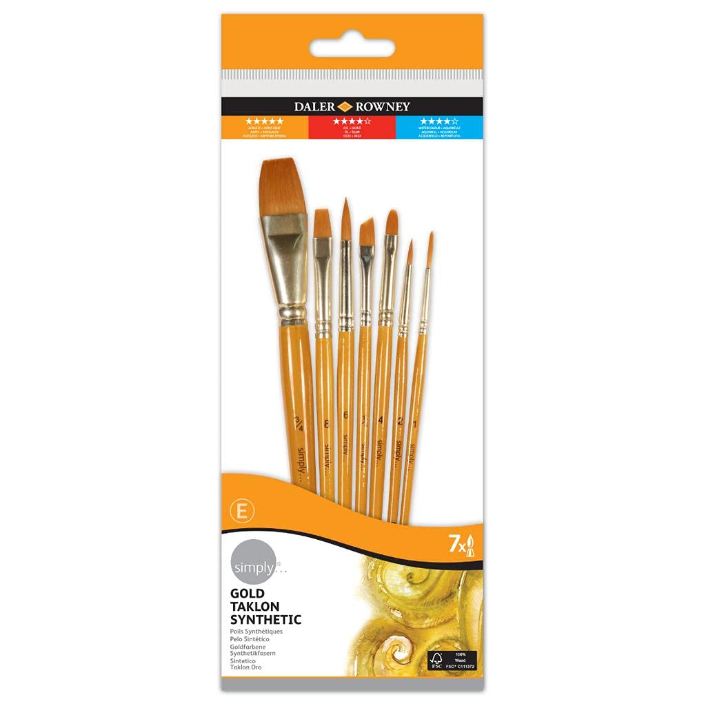 Daler Rowney Simply Gold Taklon Short Handle Brush Set – 7 Pcs