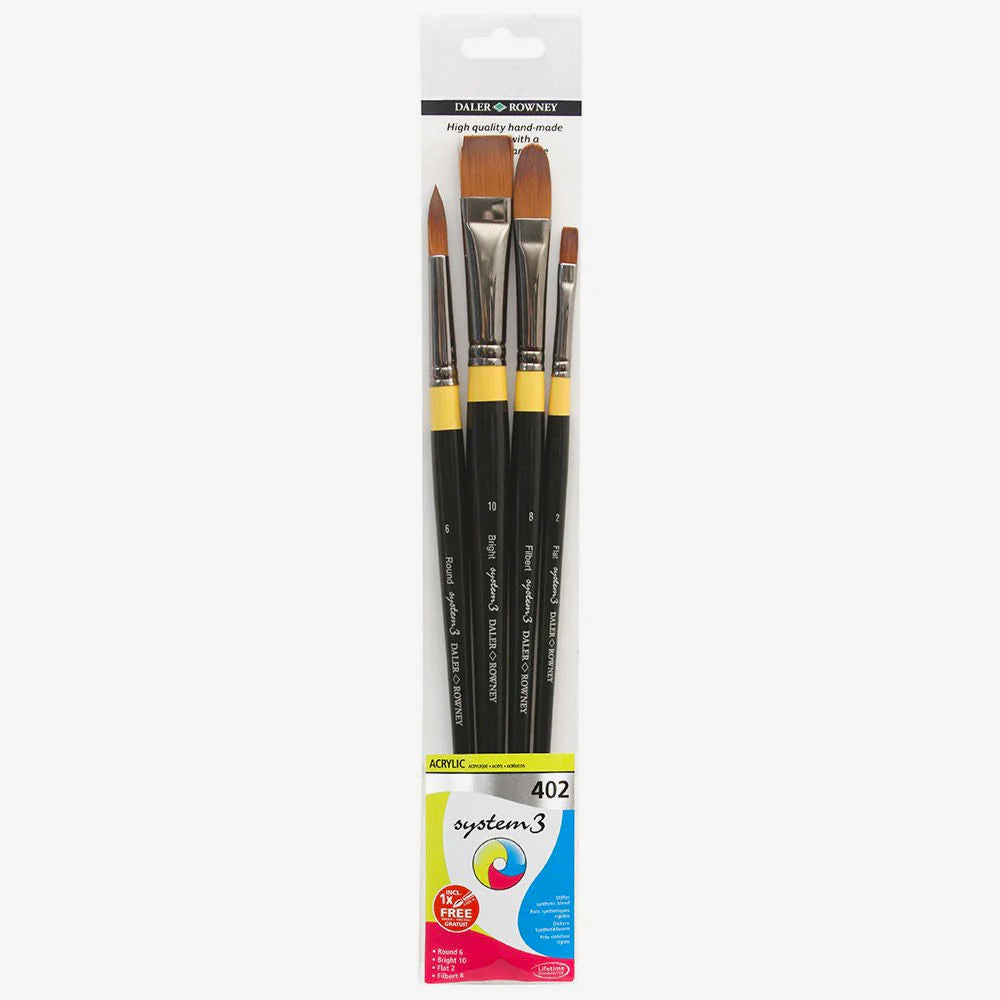 Daler Rowney System3 Acrylic Long Handle Brush Wallet – Set of 4 (402)