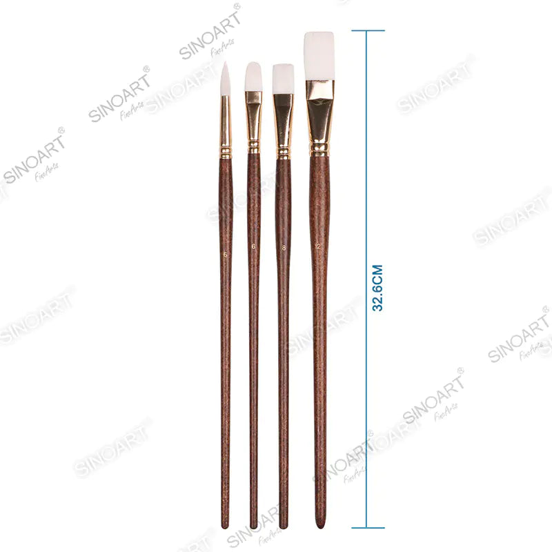 Sinoart Long Handle Synthetic Hair Brush Set – 4 Pcs, White Taklon (#6 Round, #6 Filbert, #8 & #12 Flat)