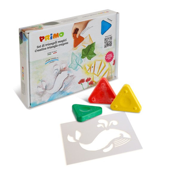 Primo Wax Triangle Crayons Set – 8 Colors with Stencils | 5mm Grip Side | Super Resistant Kids Coloring Crayons