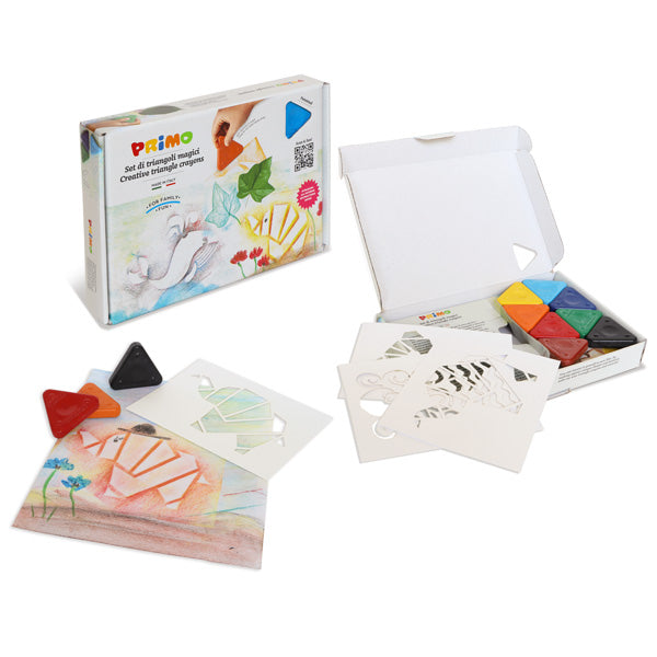 Primo Wax Triangle Crayons Set – 8 Colors with Stencils | 5mm Grip Side | Super Resistant Kids Coloring Crayons