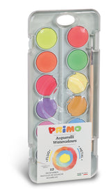 Primo Watercolour Tablets Set – 12 Colors (7 Metallic + 5 Fluorescent) | 30mm Diameter | With Brush & Mixing Palette