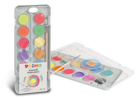 Primo Watercolour Tablets Set – 12 Colors (7 Metallic + 5 Fluorescent) | 30mm Diameter | With Brush & Mixing Palette