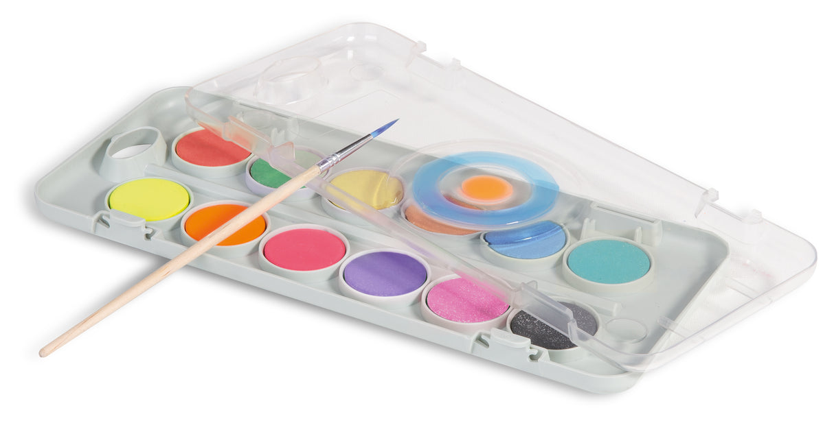Primo Watercolour Tablets Set – 12 Colors (7 Metallic + 5 Fluorescent) | 30mm Diameter | With Brush & Mixing Palette