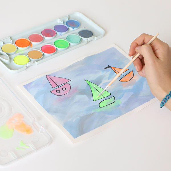 Primo Watercolour Tablets Set – 12 Colors (7 Metallic + 5 Fluorescent) | 30mm Diameter | With Brush & Mixing Palette
