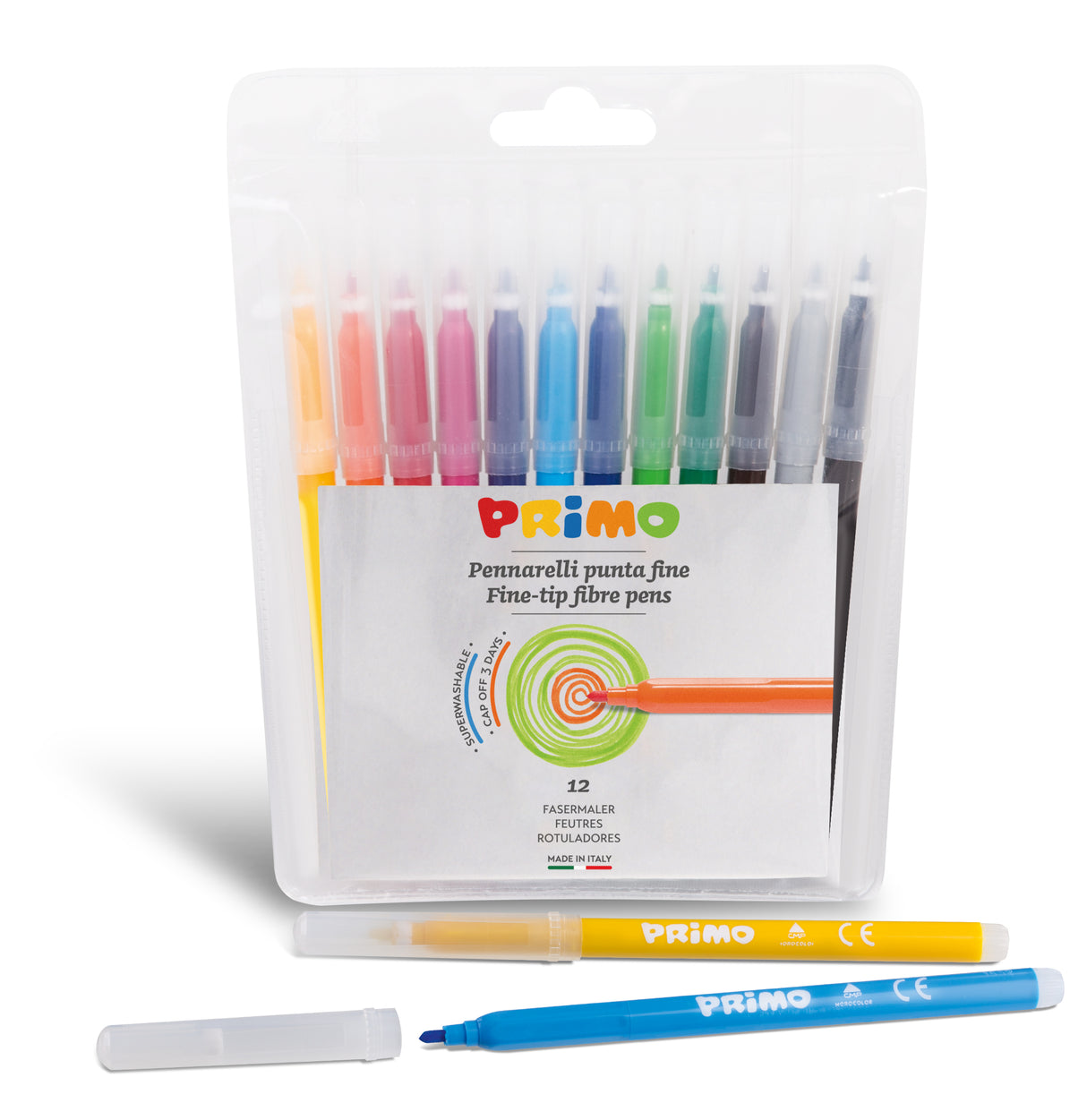 Primo Super Washable Fibre-Tip Pens – Pack of 12 | Fine Tip 2.5 mm Bright Colours in Plastic Wallet