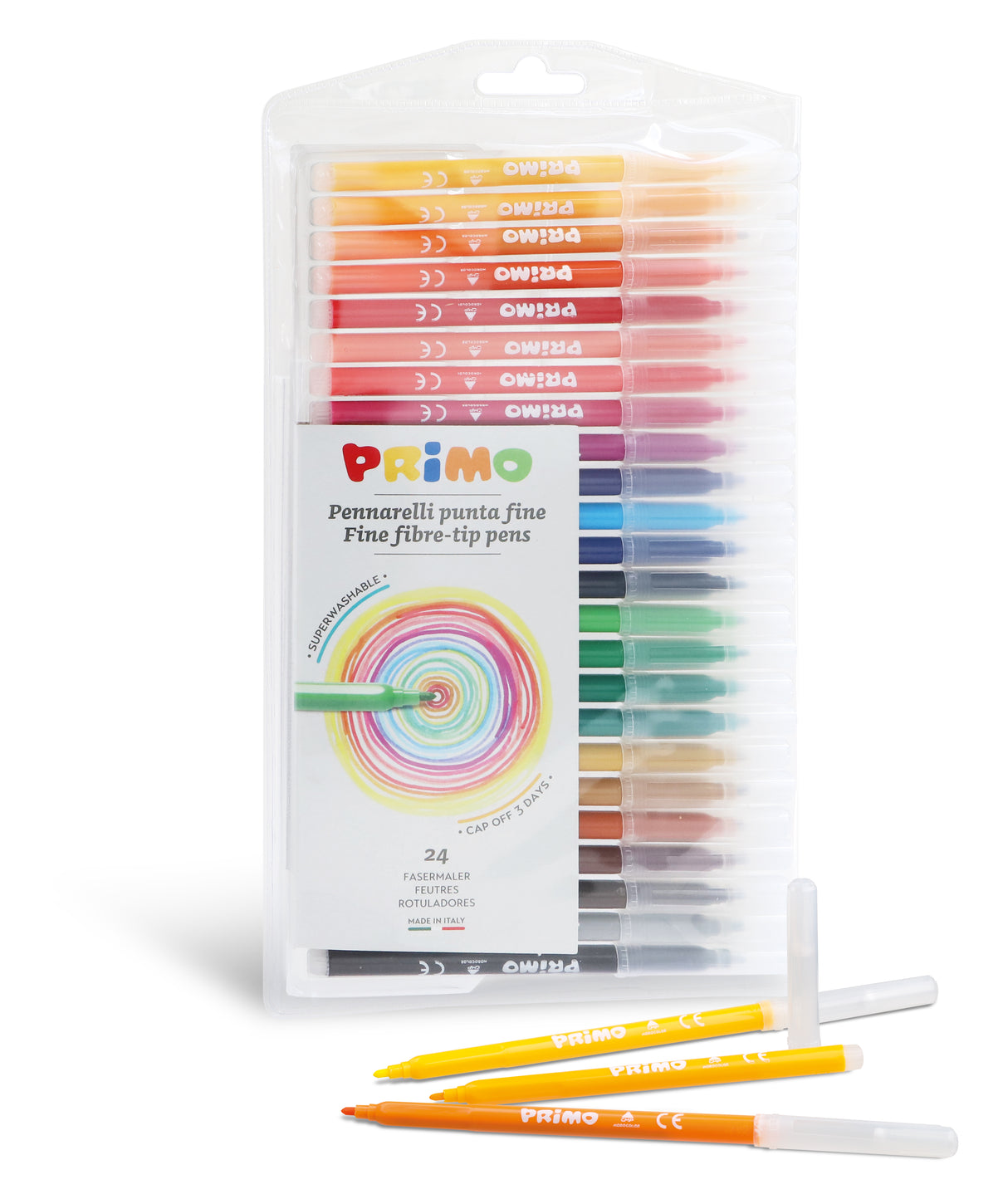 Primo Super Washable Fibre‑Tip Pens – Pack of 24 | Fine Tip 2.5mm Bright Colours in Plastic Wallet