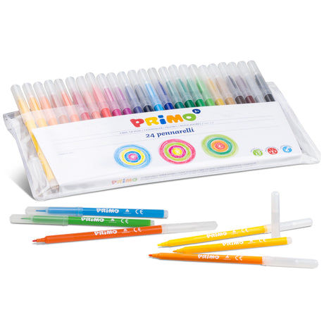 Primo Super Washable Fibre‑Tip Pens – Pack of 24 | Fine Tip 2.5mm Bright Colours in Plastic Wallet