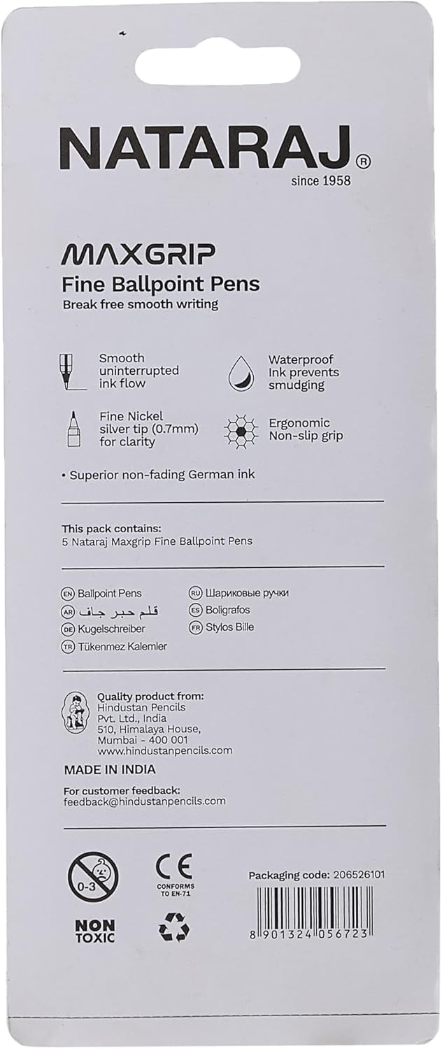 Nataraj Maxgrip Fine Ball Point Pens – 5 Piece Pack, 0.7mm Blue Ink