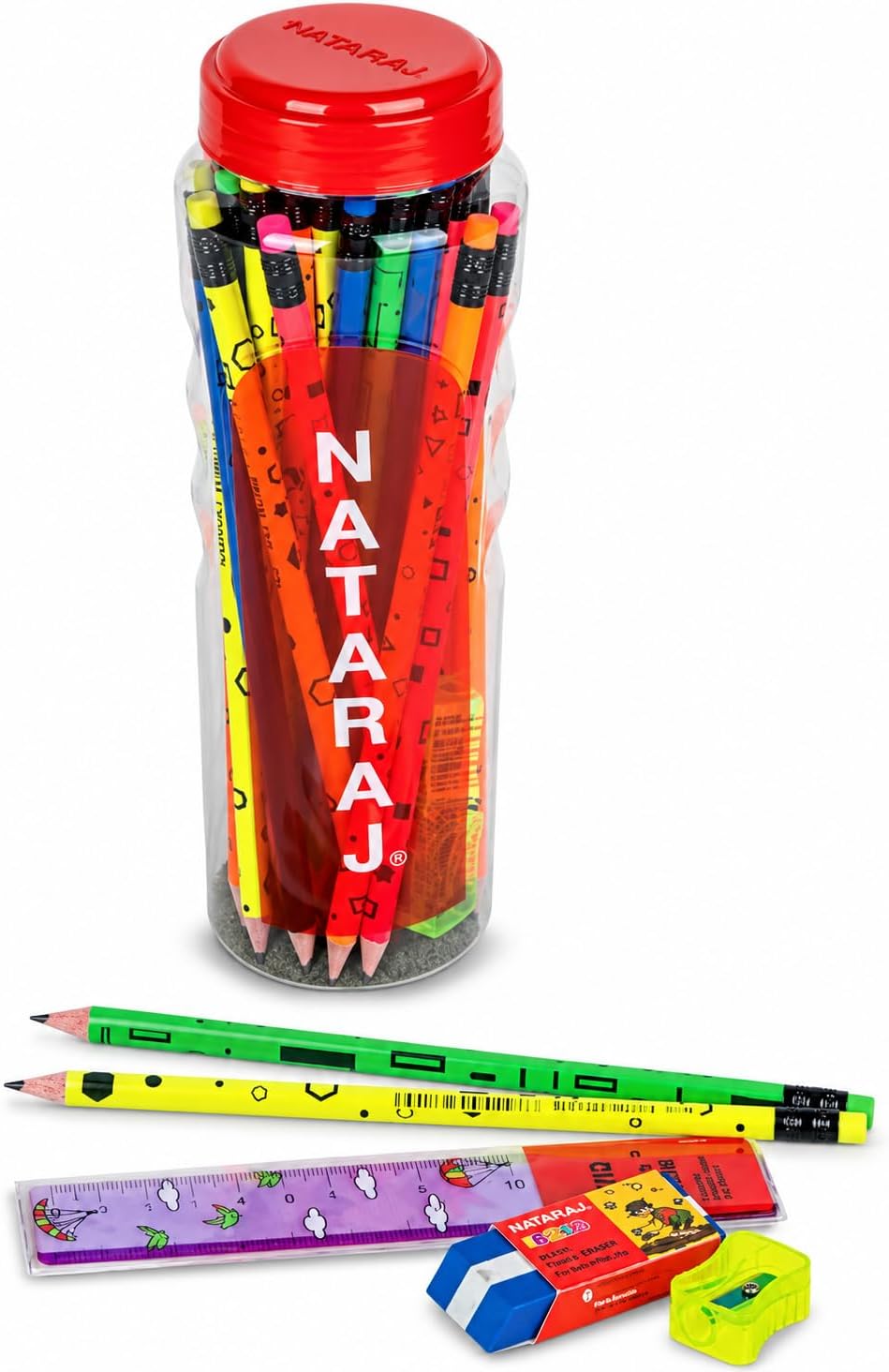 Nataraj Assorted Fluoro Print HB Pencil Set – Combo Jar Pack