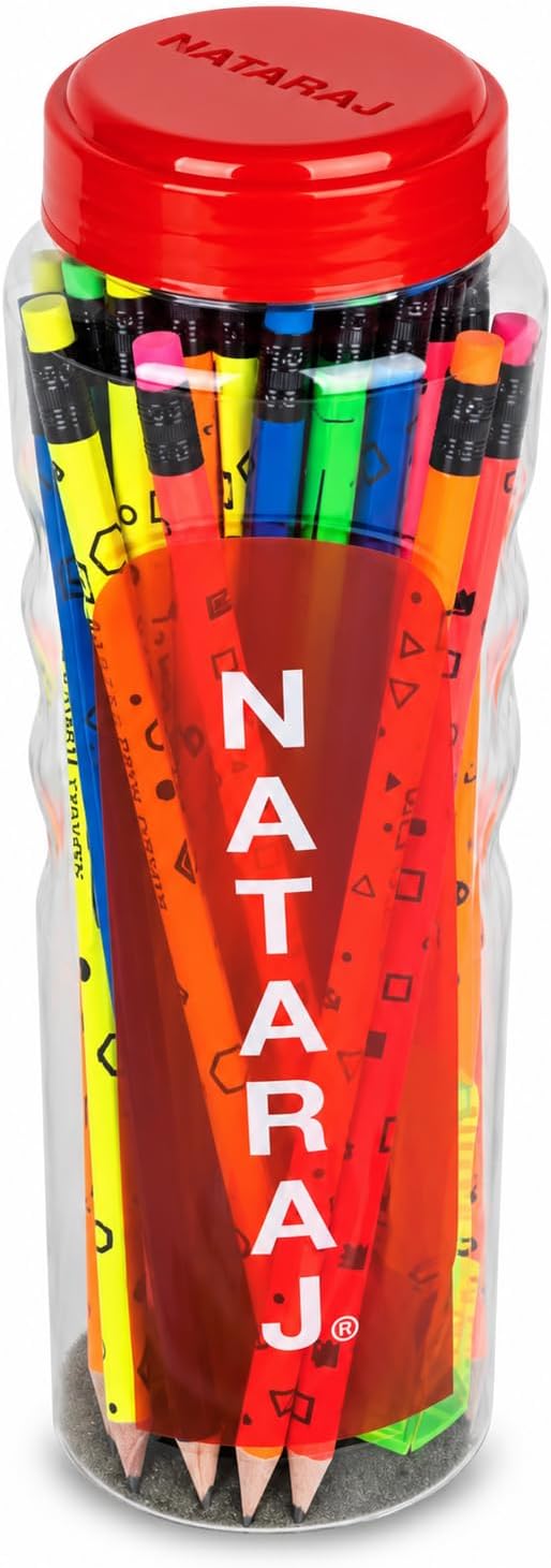 Nataraj Assorted Fluoro Print HB Pencil Set – Combo Jar Pack