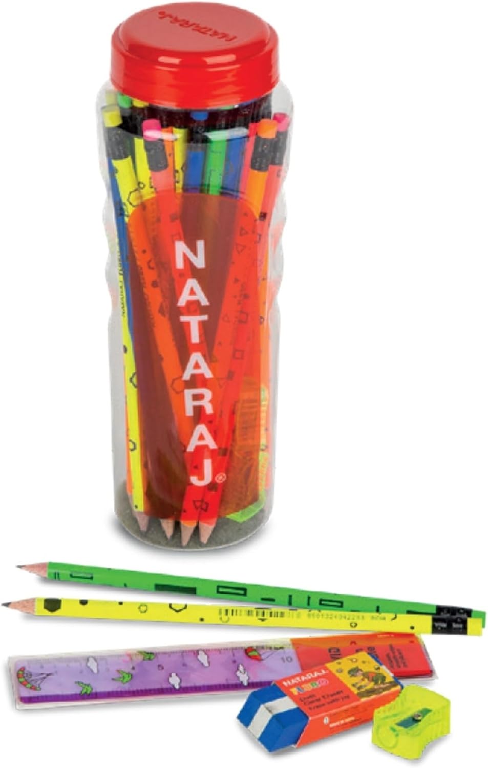 Nataraj Assorted Fluoro Print HB Pencil Set – Combo Jar Pack