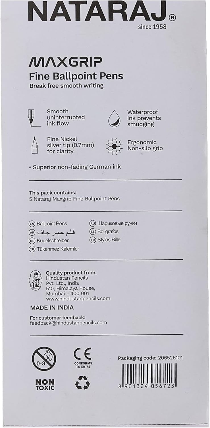 Nataraj Maxgrip Fine Ball Point Pens – 5 Piece Pack, 0.7mm Blue Ink